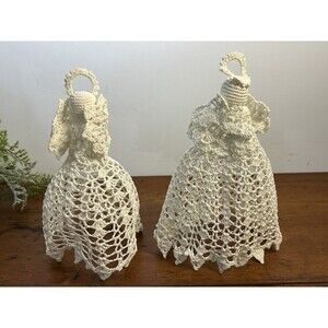 Lot Of 2 Vintage Crochet Angel Christmas Tree Toppers 8” And 9” Tall